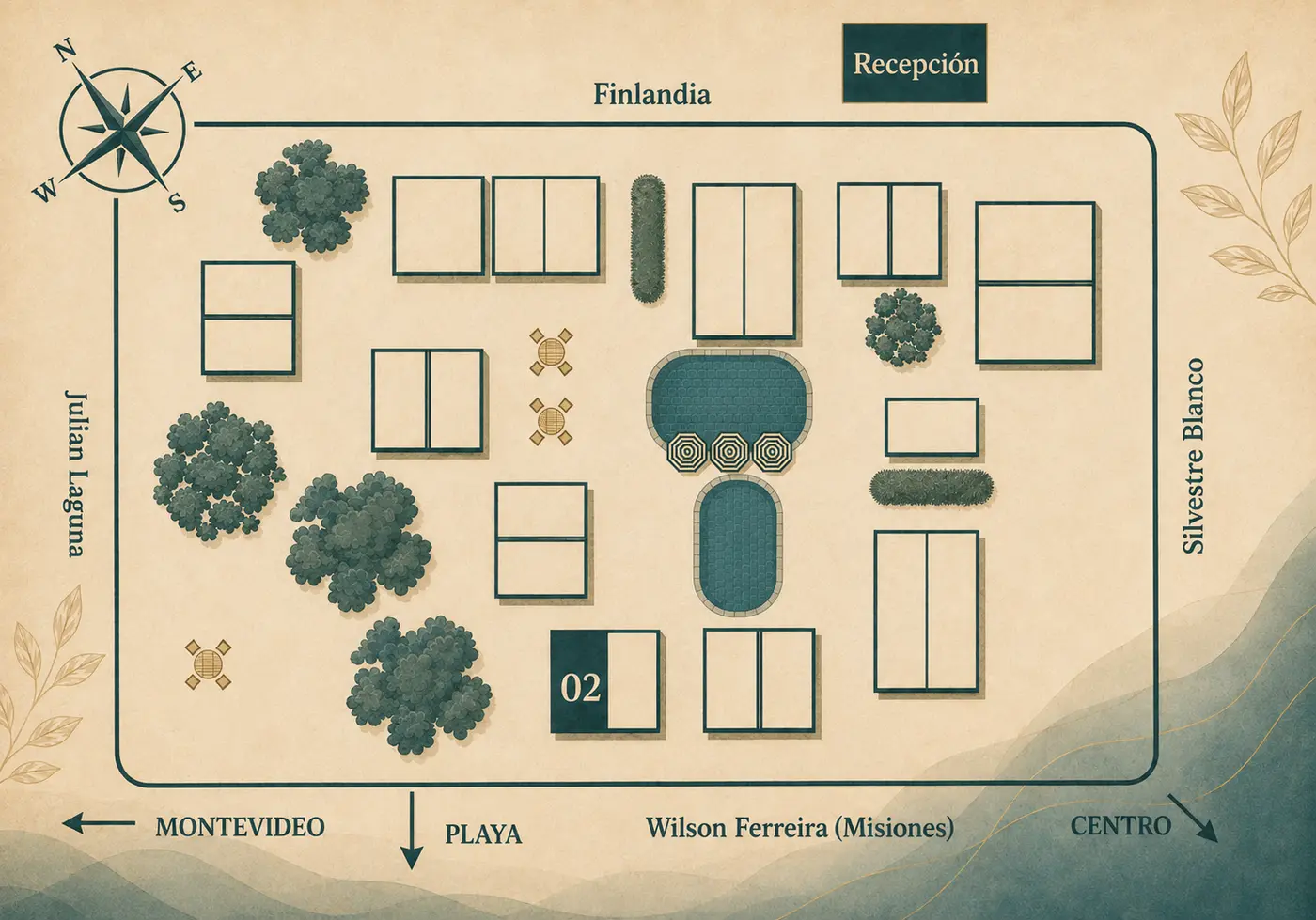 Mapa del Complejo Cabañas Piriápolis con la Unidad 02 destacada