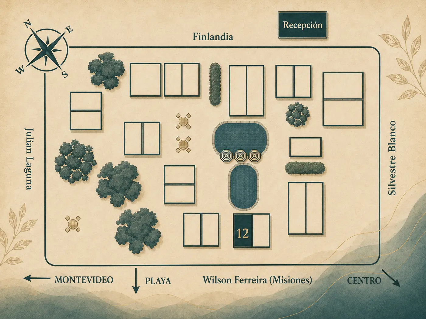Mapa del Complejo Cabañas Piriápolis con la Unidad 12 destacada